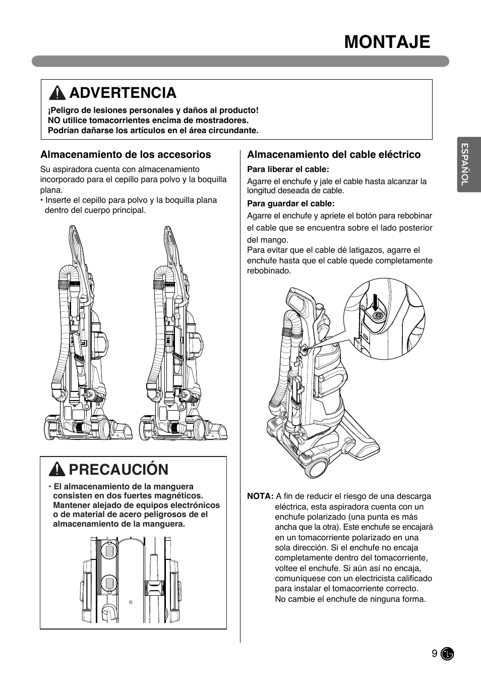 Montaje, Advertencia, Precaución | LG LUV200R User Manual | Page 34 / 75