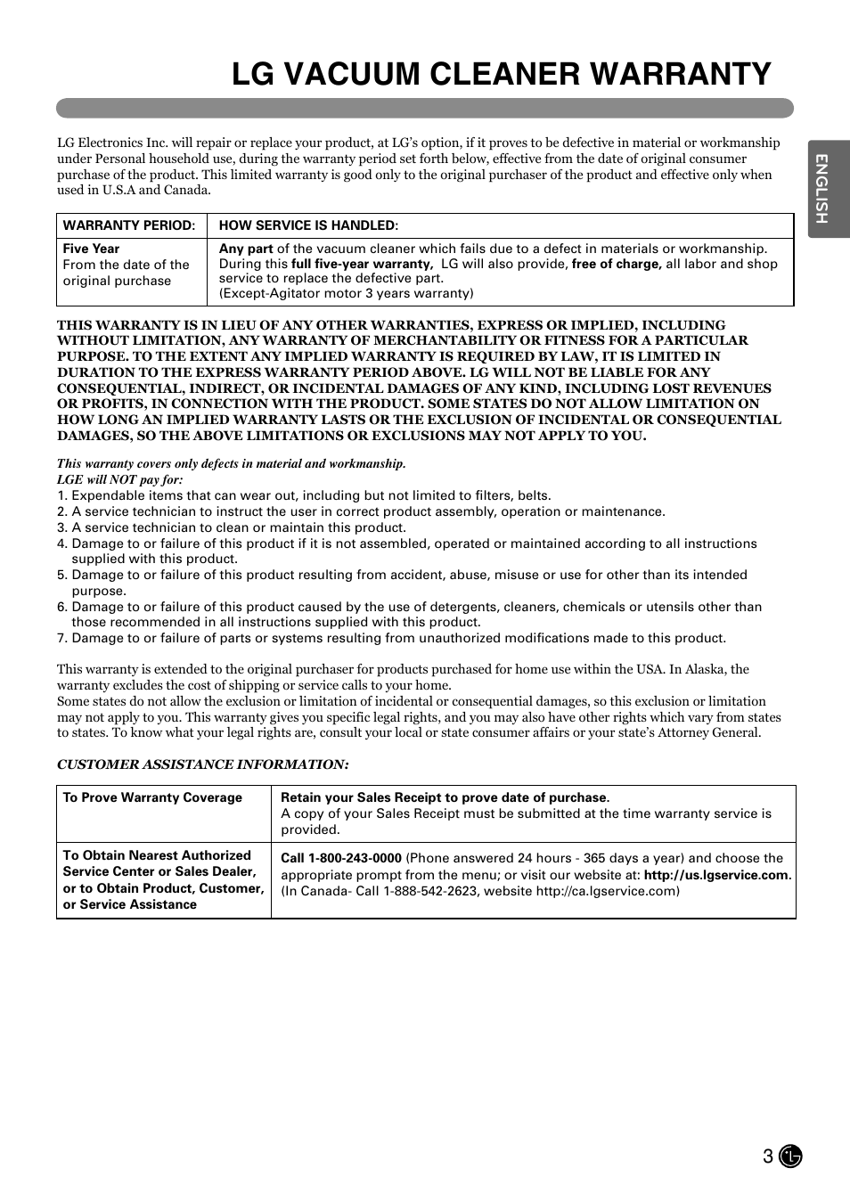 Lg vacuum cleaner warranty | LG LUV200R User Manual | Page 4 / 75