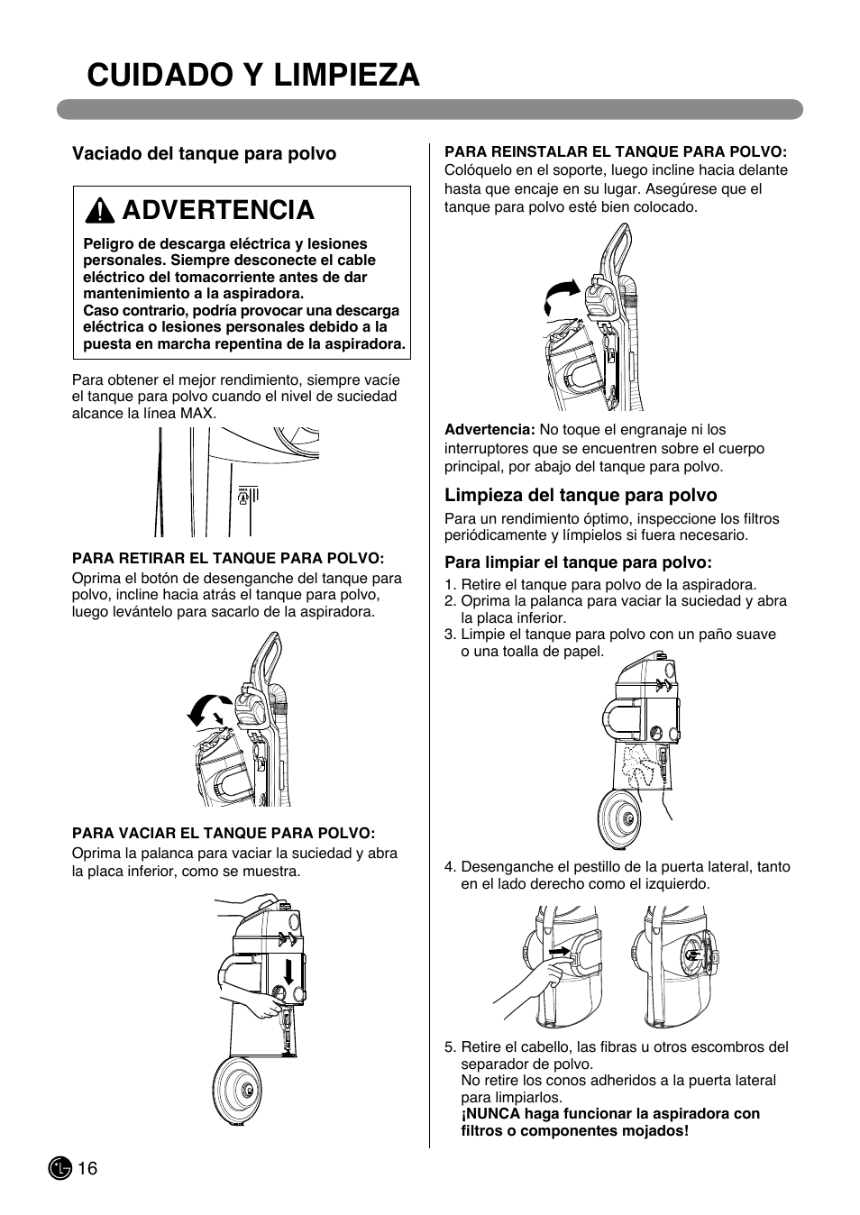 Cuidado y limpieza, Advertencia | LG LUV200R User Manual | Page 41 / 75