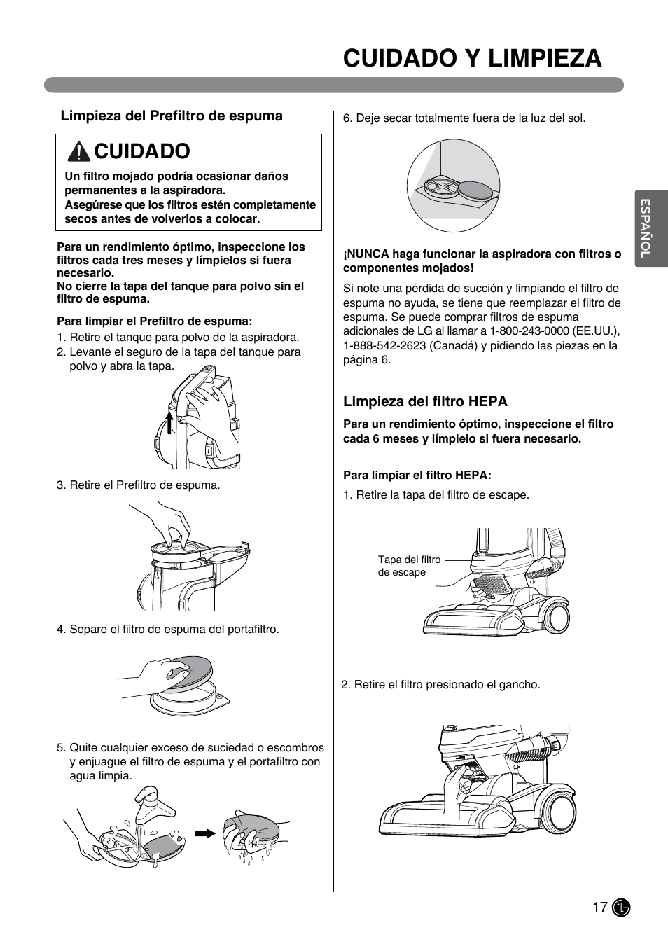Cuidado y limpieza, Cuidado | LG LUV200R User Manual | Page 42 / 75