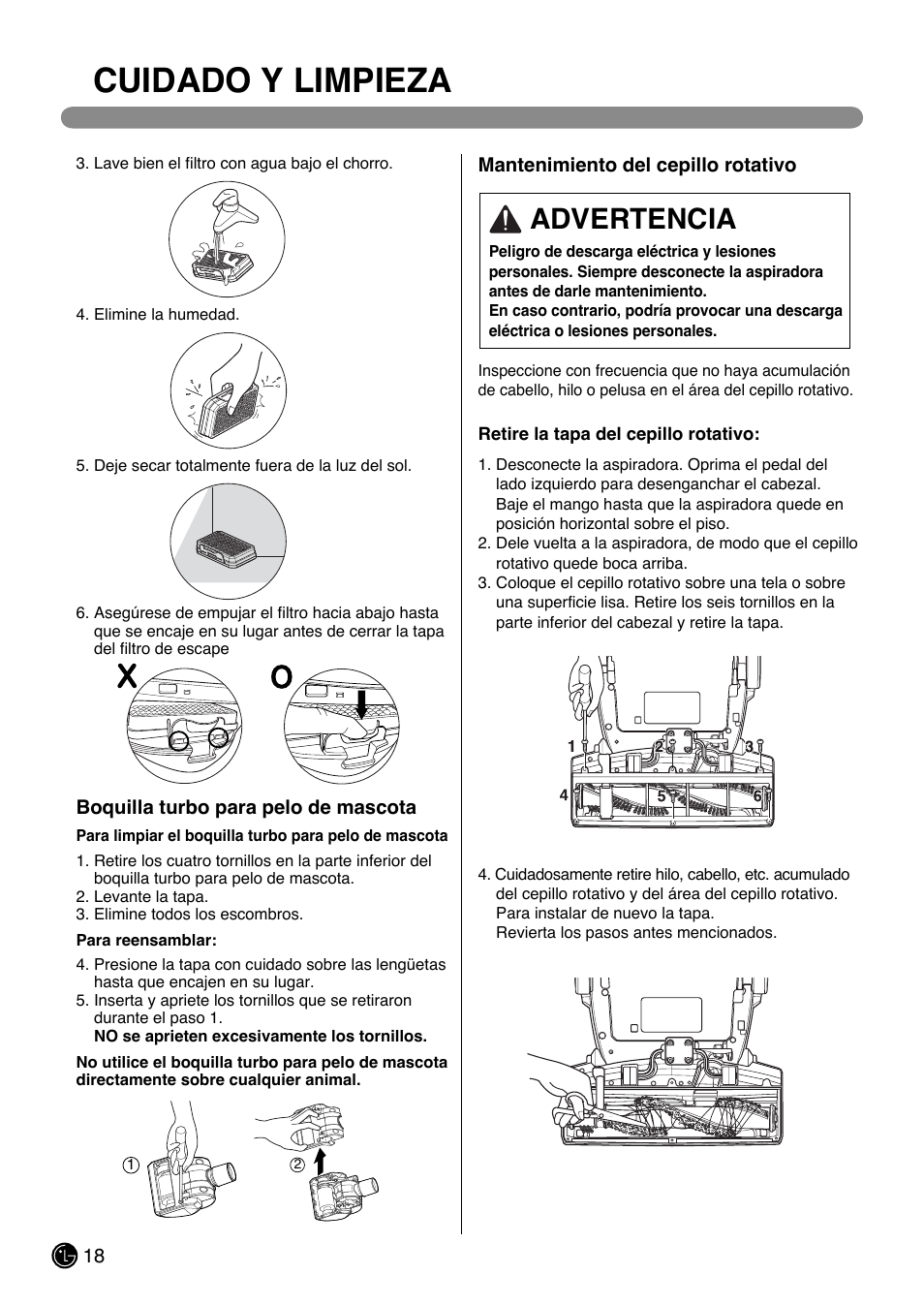 Cuidado y limpieza, Advertencia | LG LUV200R User Manual | Page 43 / 75