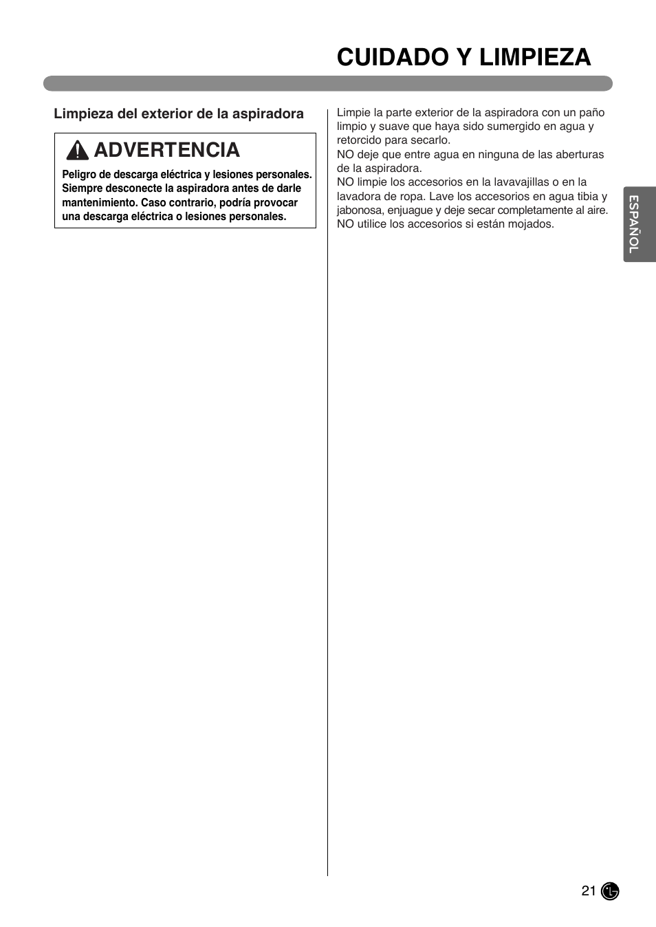 Cuidado y limpieza, Advertencia | LG LUV200R User Manual | Page 46 / 75