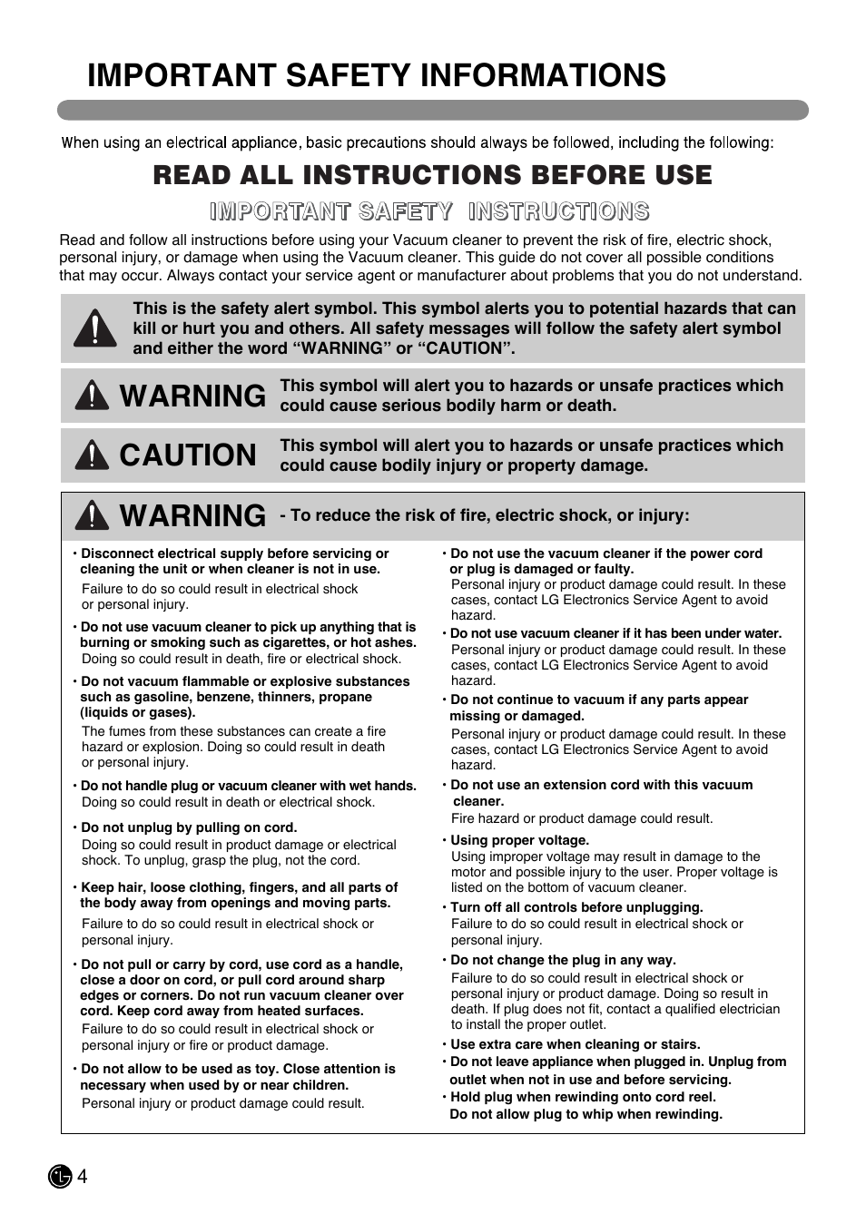 Important safety informations, Warning, Caution | Read all instructions before use | LG LUV200R User Manual | Page 5 / 75