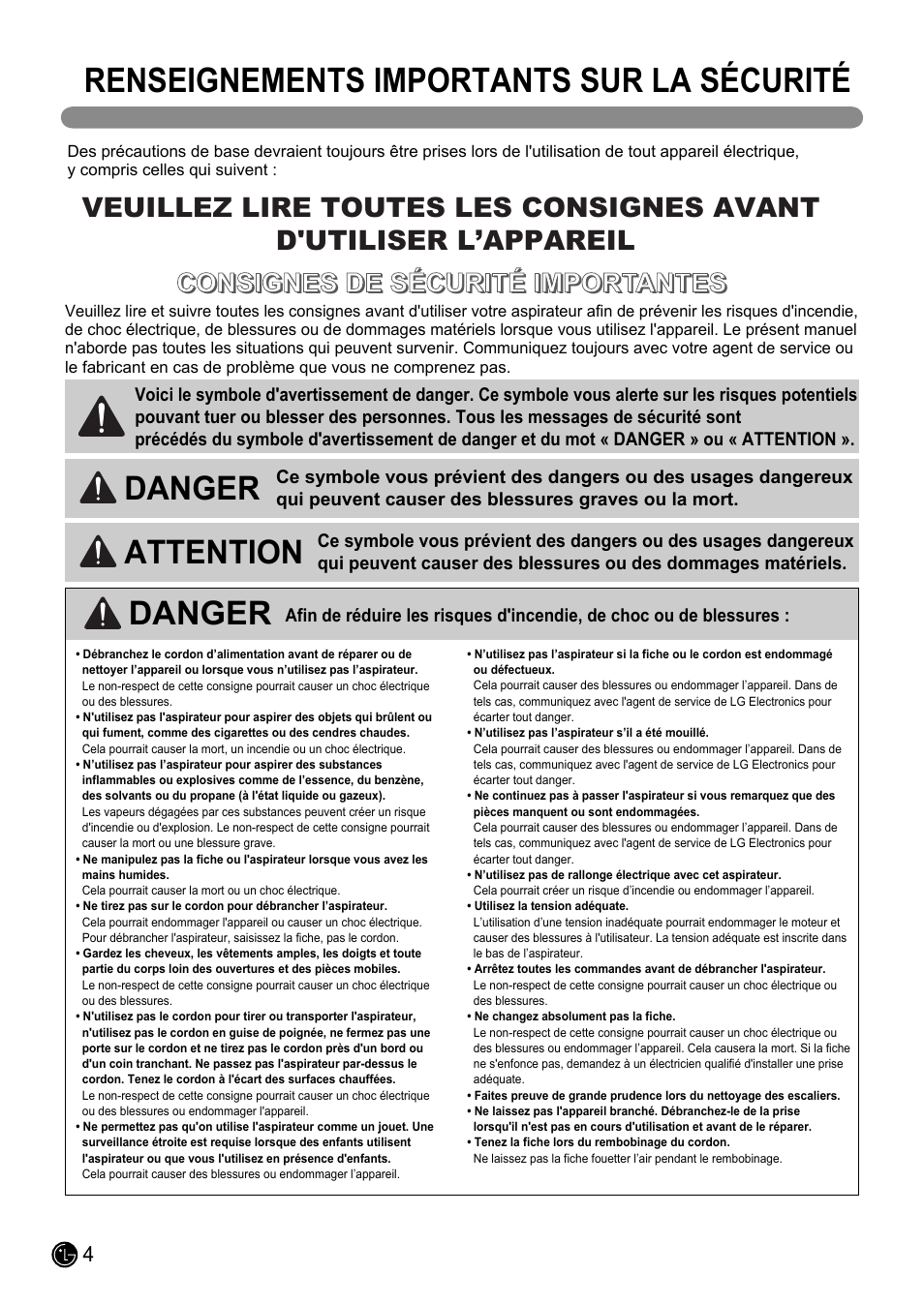 Renseignements importants sur la sécurité, Danger, Attention | LG LUV200R User Manual | Page 53 / 75