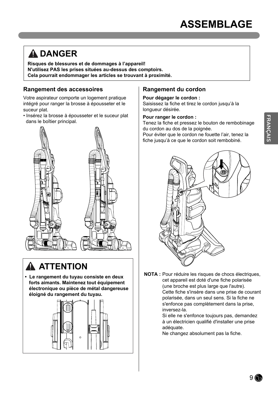 Assemblage, Danger, Attention | LG LUV200R User Manual | Page 58 / 75