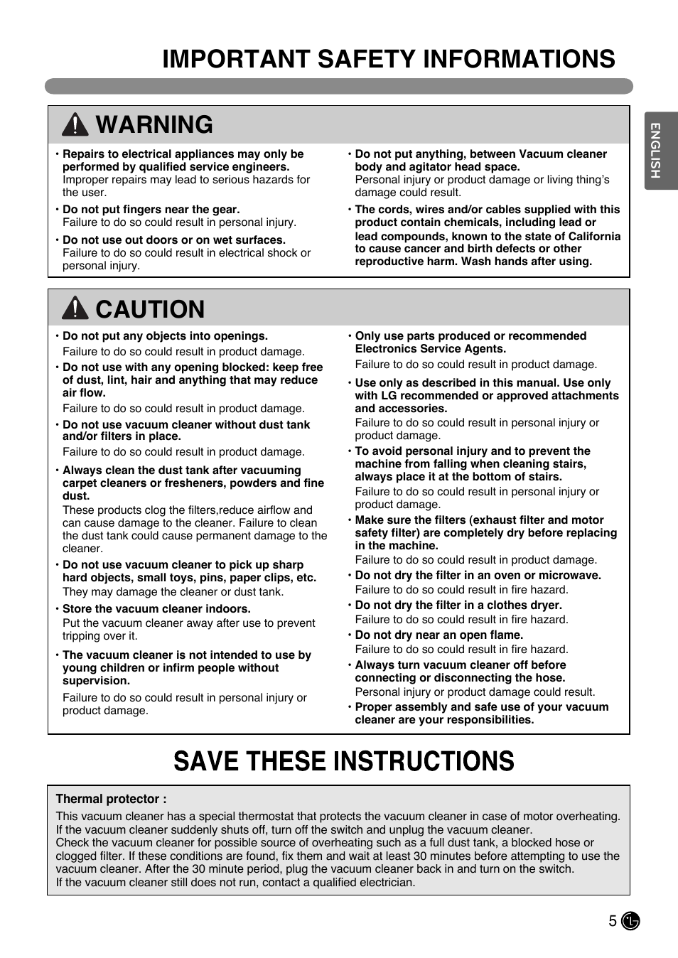 Important safety informations, Warning, Caution | LG LUV200R User Manual | Page 6 / 75