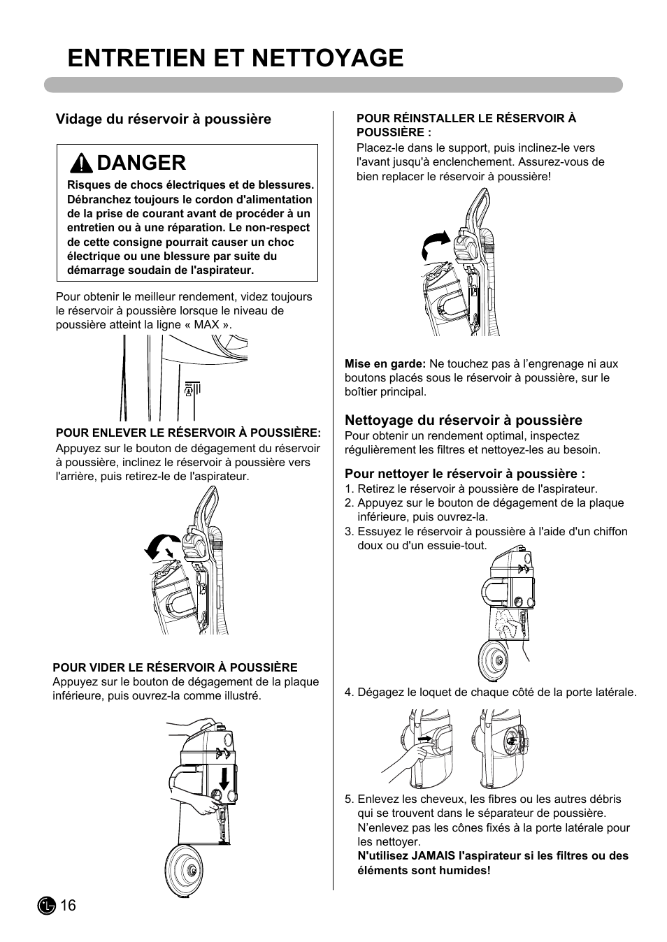 Entretien et nettoyage, Danger | LG LUV200R User Manual | Page 65 / 75
