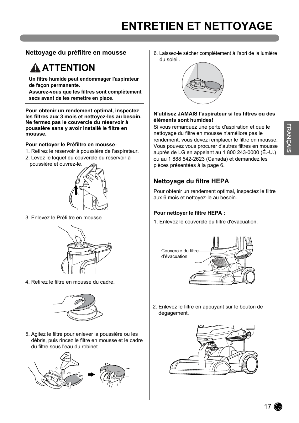 Entretien et nettoyage, Attention | LG LUV200R User Manual | Page 66 / 75