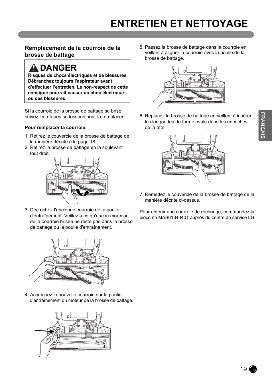 Entretien et nettoyage, Danger | LG LUV200R User Manual | Page 68 / 75