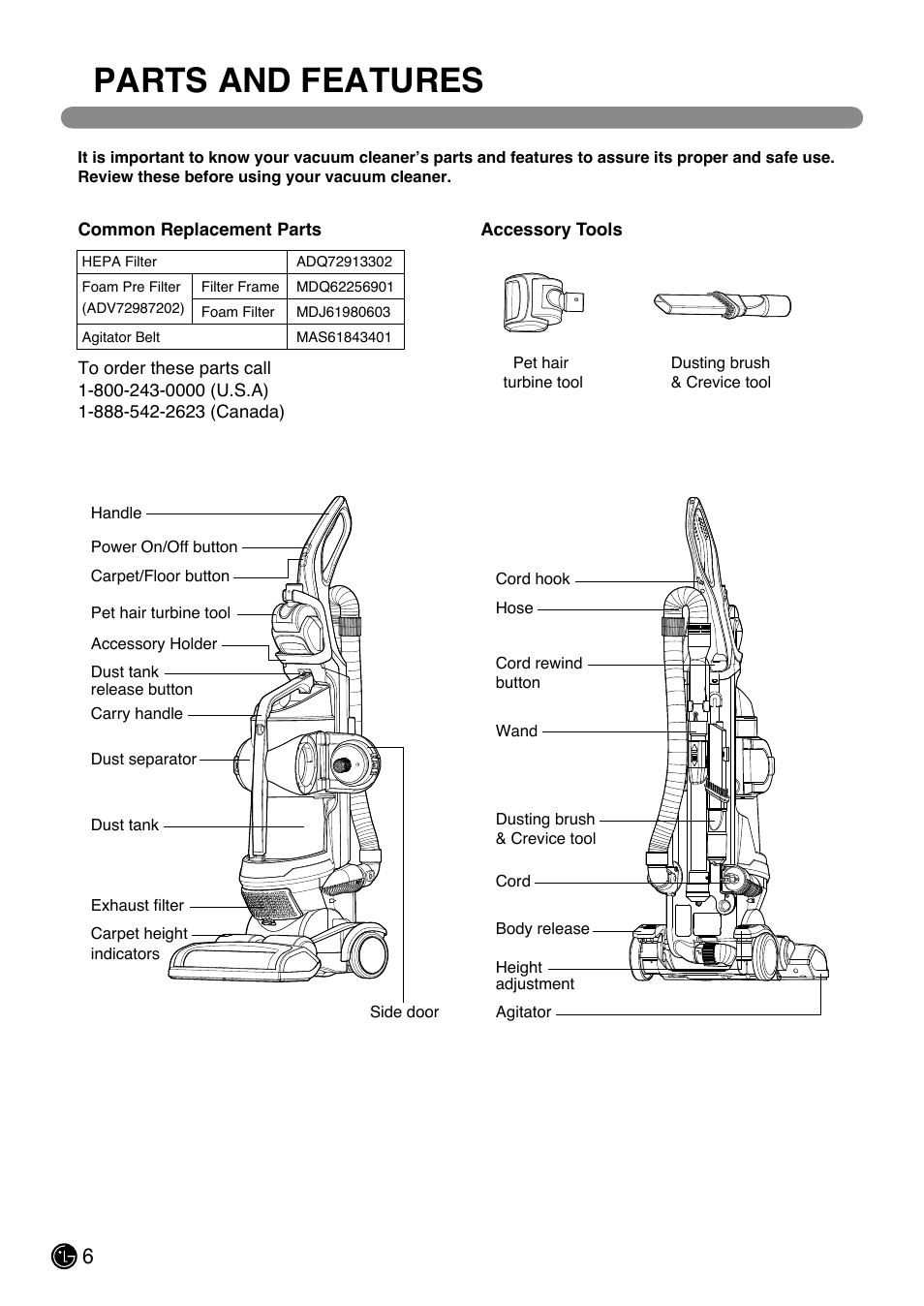 Parts and features | LG LUV200R User Manual | Page 7 / 75