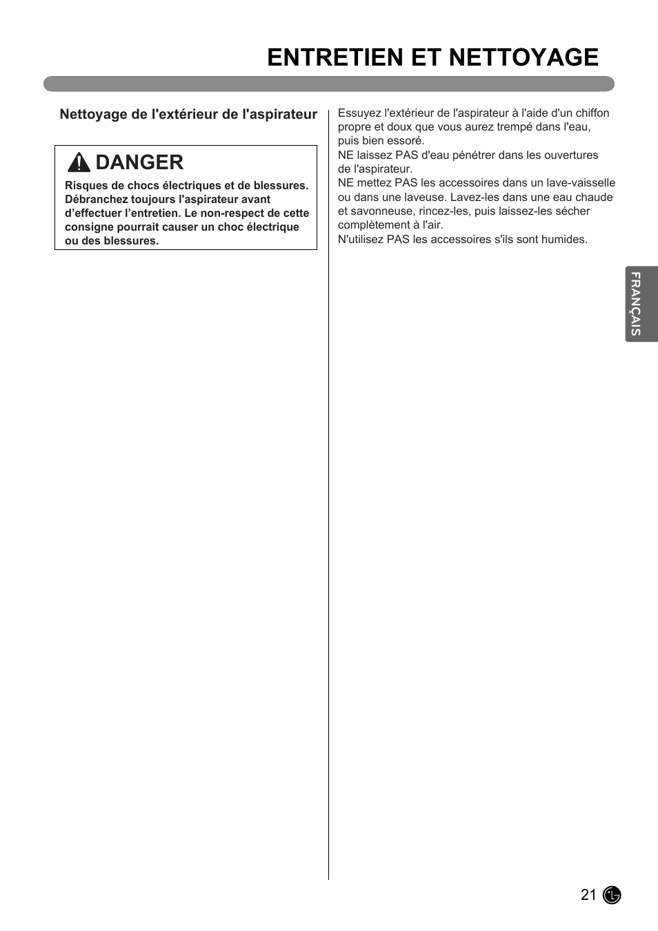Entretien et nettoyage, Danger | LG LUV200R User Manual | Page 70 / 75