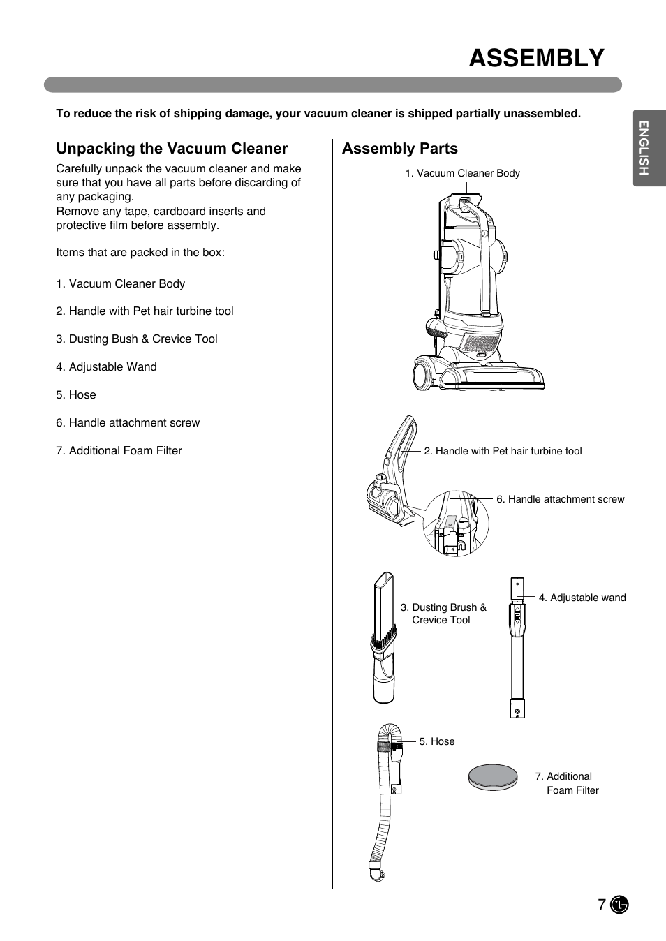 Assembly, Unpacking the vacuum cleaner, Assembly parts | LG LUV200R User Manual | Page 8 / 75