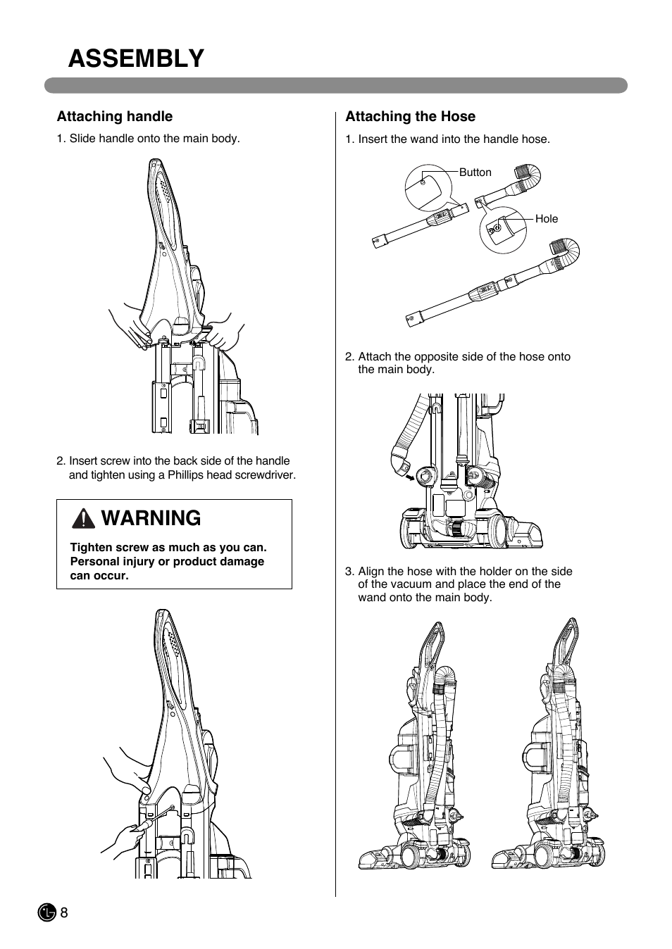 Assembly, Warning | LG LUV200R User Manual | Page 9 / 75