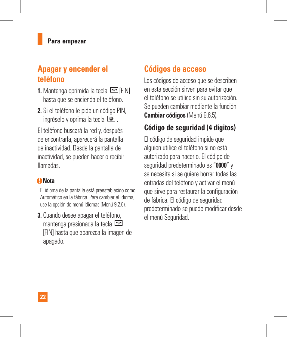 Apagar y encender el teléfono, Códigos de acceso | LG CB630 User Manual | Page 162 / 294