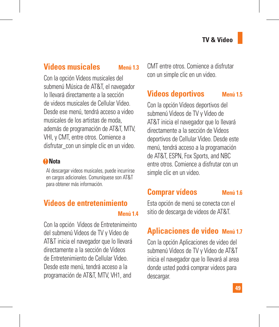 Videos musicales, Videos de entretenimiento, Videos deportivos | Comprar vídeos, Aplicaciones de video | LG CB630 User Manual | Page 189 / 294