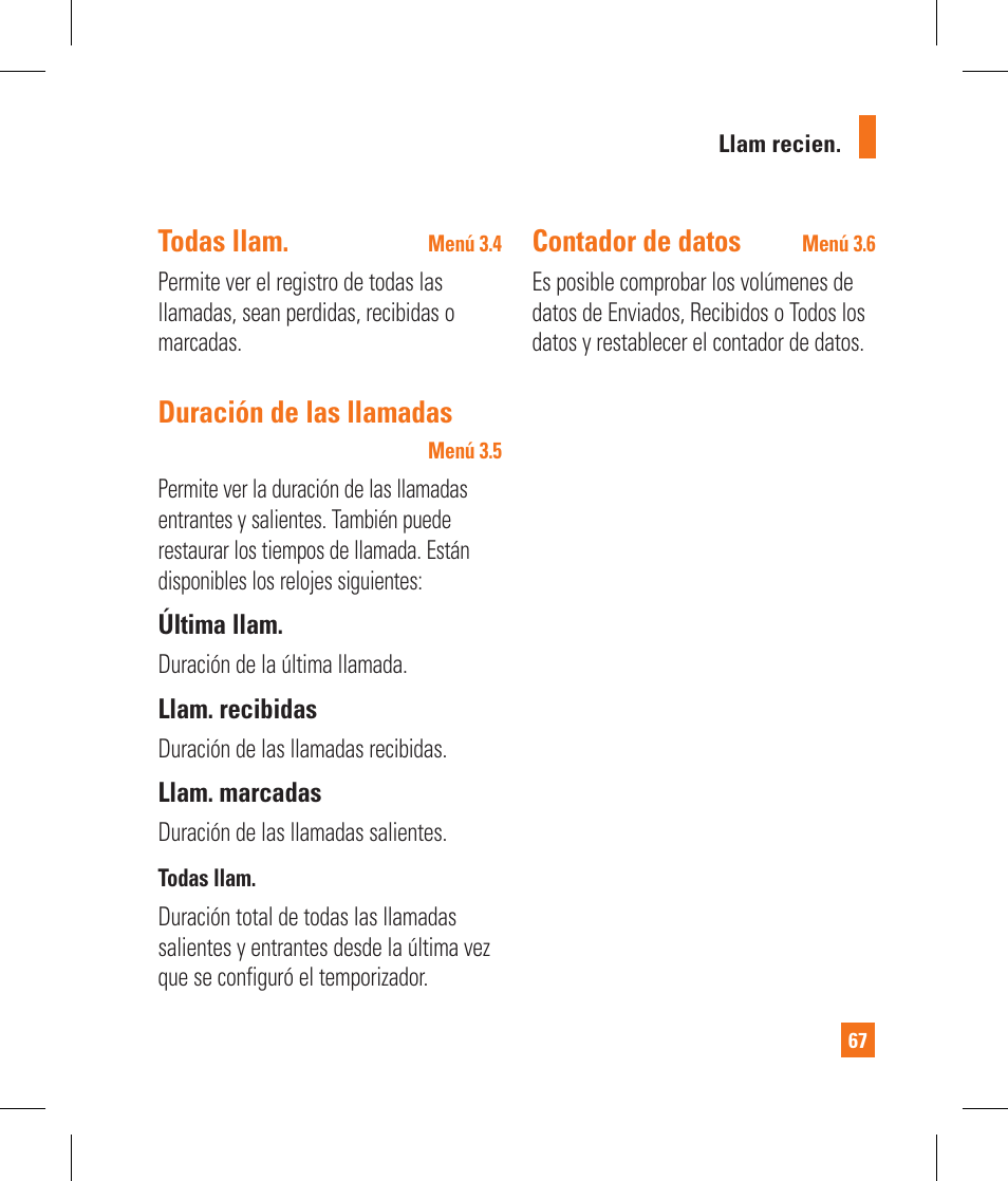 Todas llam, Duración de las llamadas, Contador de datos | LG CB630 User Manual | Page 207 / 294