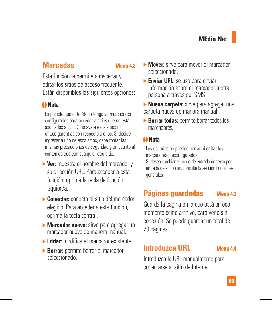 Marcadas, Páginas guardadas, Introduzca url | LG CB630 User Manual | Page 209 / 294