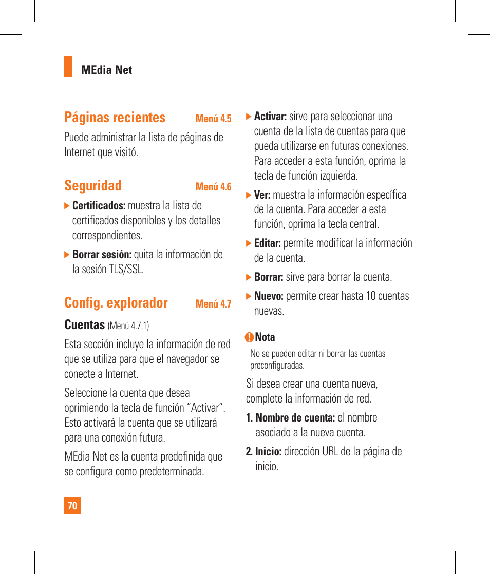 Páginas recientes, Seguridad, Config . explorador | LG CB630 User Manual | Page 210 / 294
