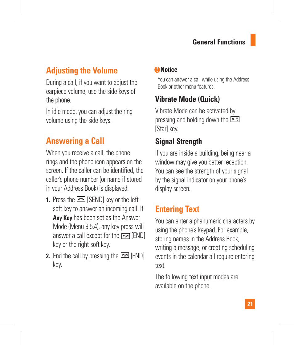 Adjusting the volume, Answering a call, Entering text | LG CB630 User Manual | Page 25 / 294