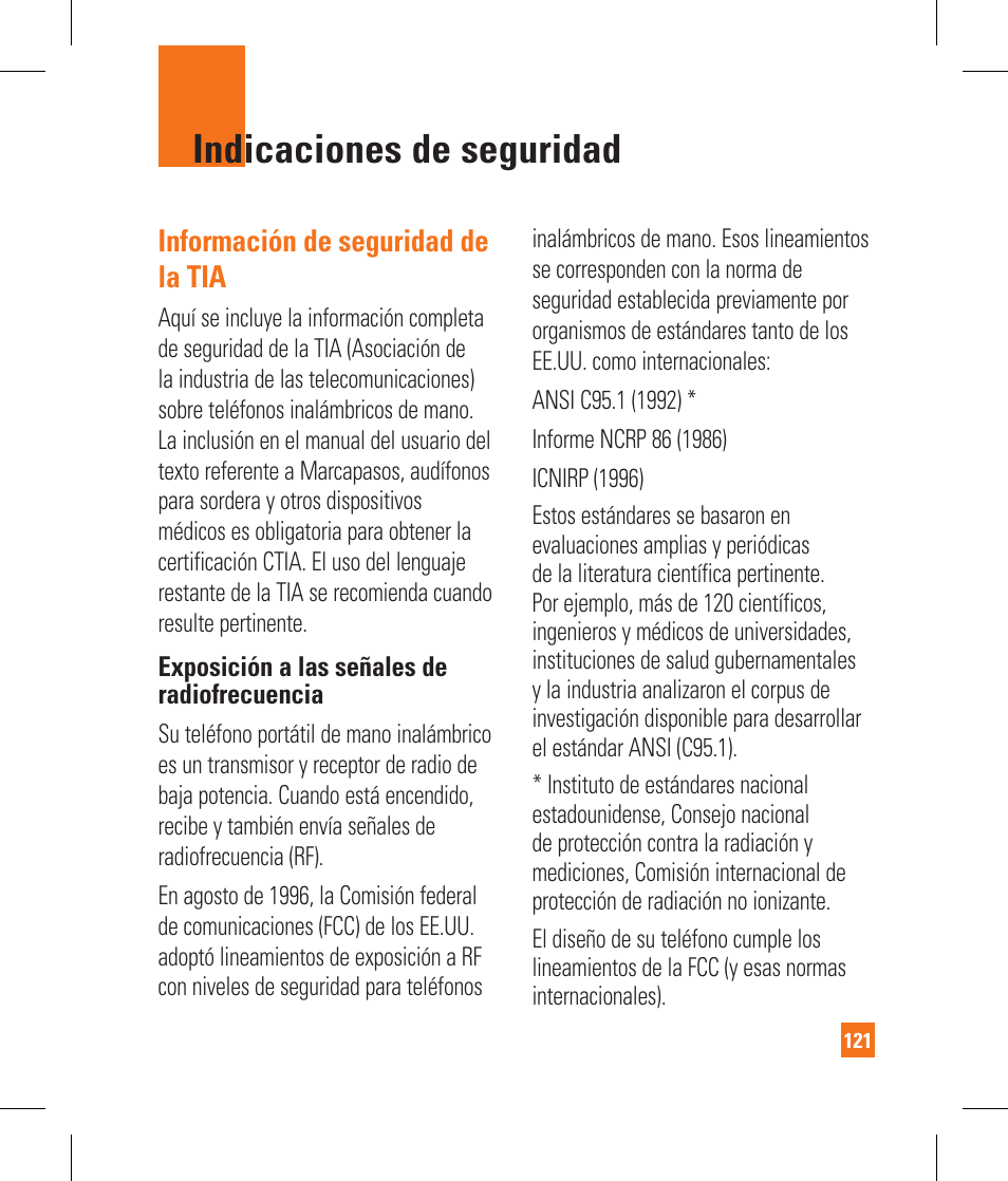 Indicaciones de seguridad, Información de seguridad de la tia | LG CB630 User Manual | Page 261 / 294