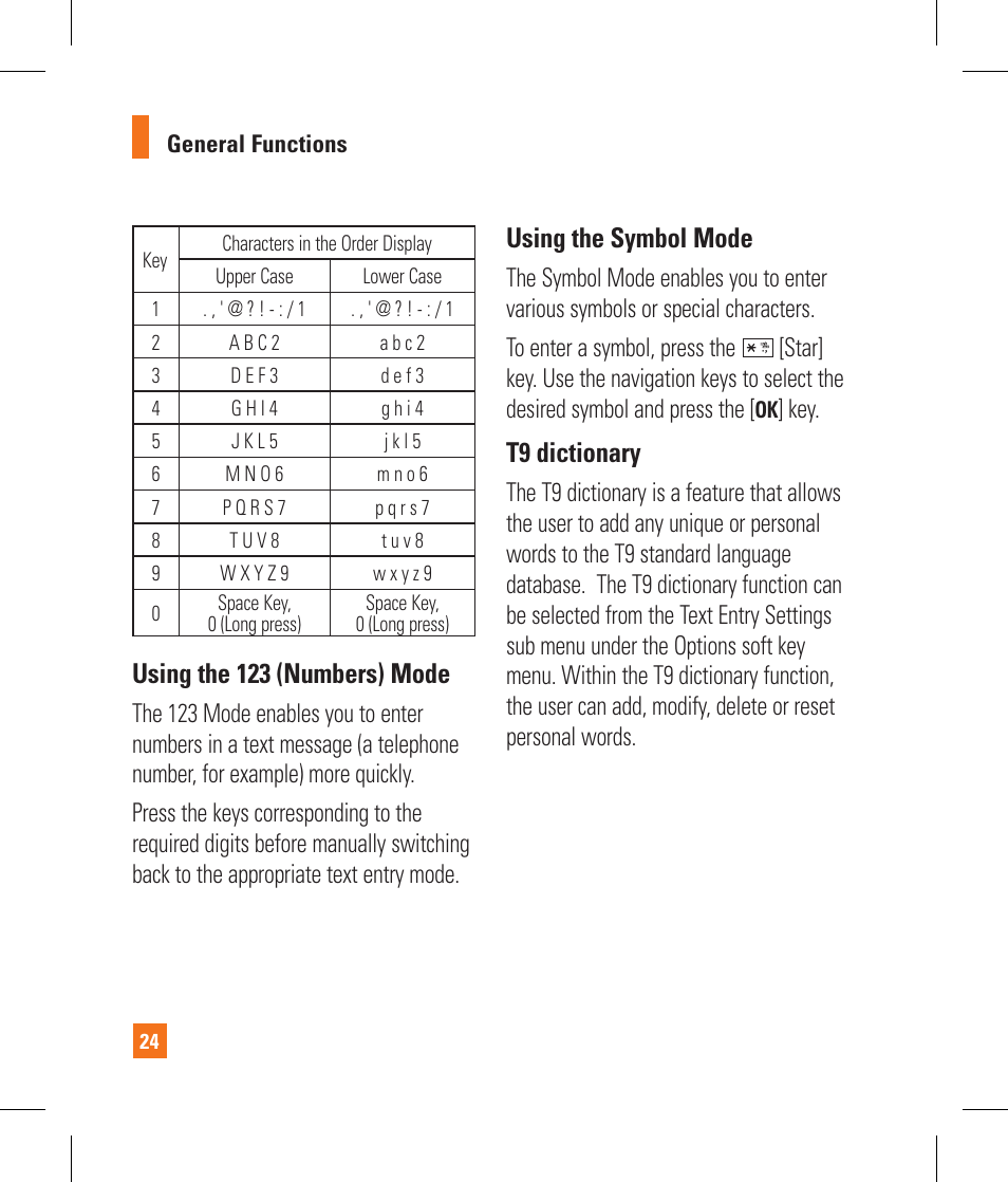 Using the 123 (numbers) mode, Using the symbol mode, T dictionary | LG CB630 User Manual | Page 28 / 294