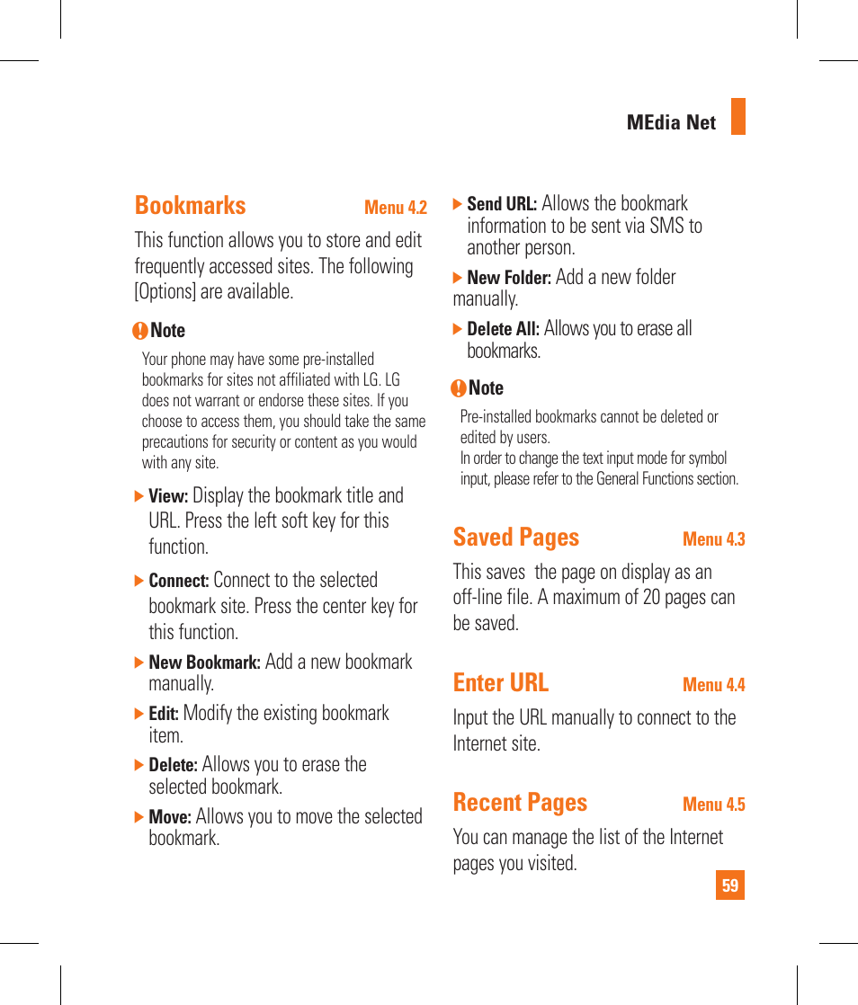 Bookmarks, Saved pages, Enter url | Recent pages | LG CB630 User Manual | Page 63 / 294