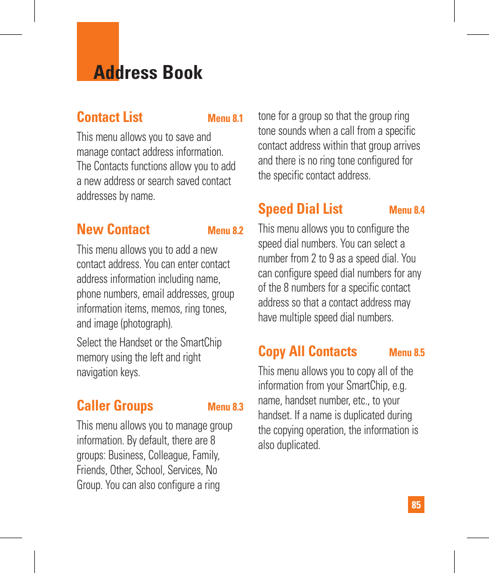 Address book, Contact list, New contact | Caller groups, Speed dial list, Copy all contacts | LG CB630 User Manual | Page 89 / 294