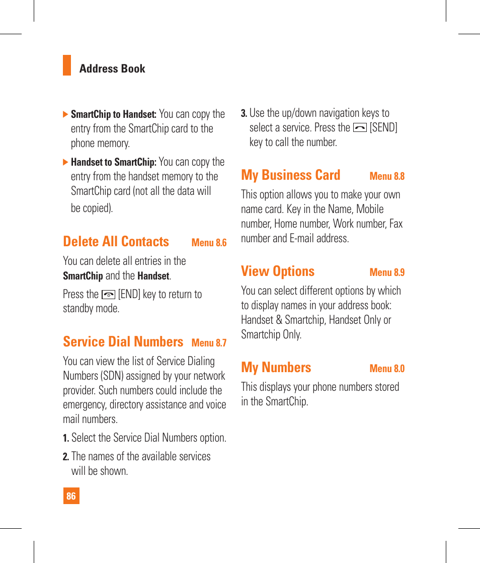 Delete all contacts, Service dial numbers, My business card | View options, My numbers | LG CB630 User Manual | Page 90 / 294
