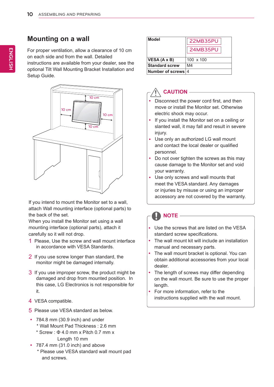 Mounting on a wall | LG 24MB35PU-B User Manual | Page 10 / 28