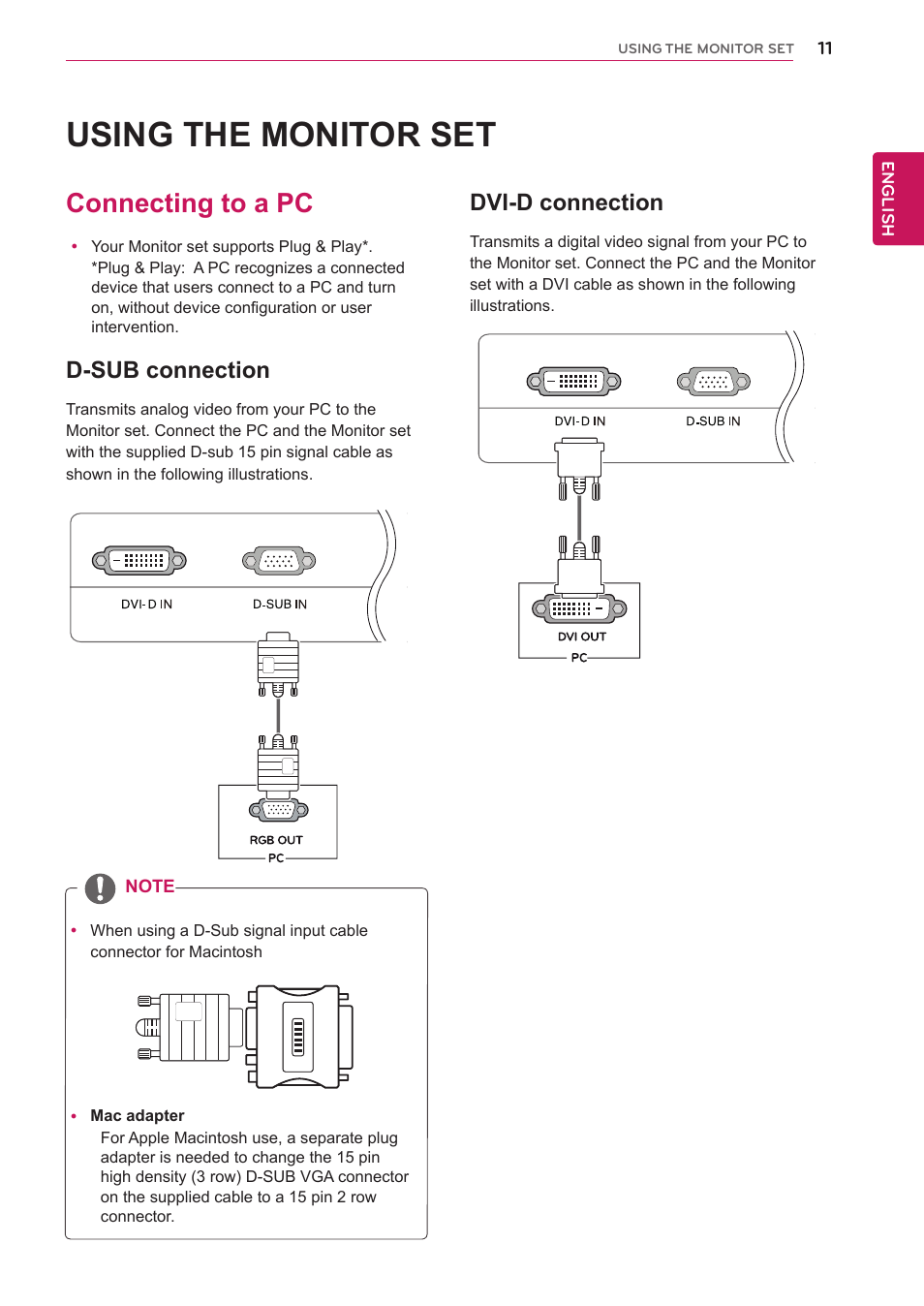 Using the monitor set, Connecting to a pc, D-sub connection | Dvi-d connection | LG 24MB35PU-B User Manual | Page 11 / 28