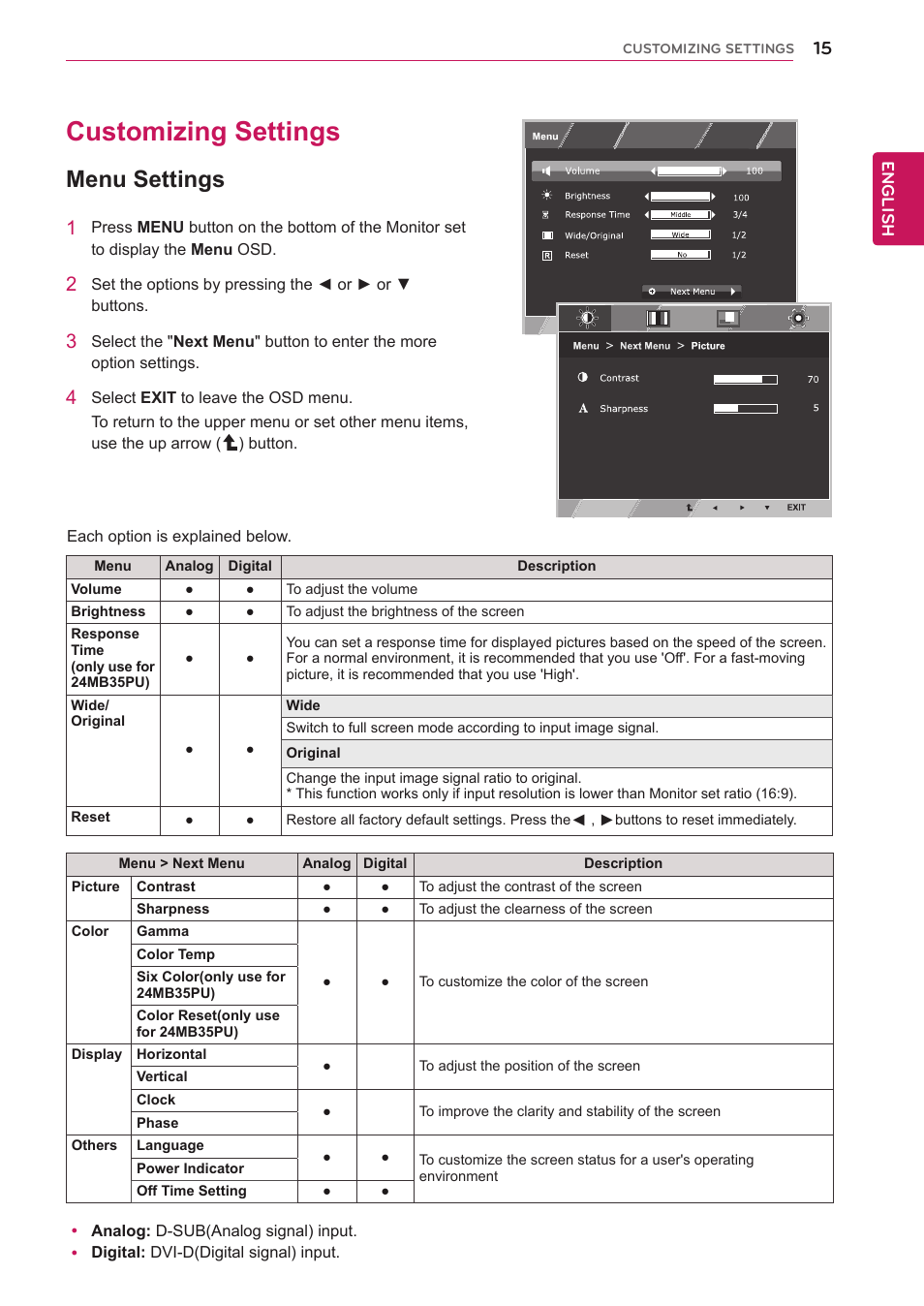 Customizing settings, Menu settings, 15 customizing settings 15 | LG 24MB35PU-B User Manual | Page 15 / 28