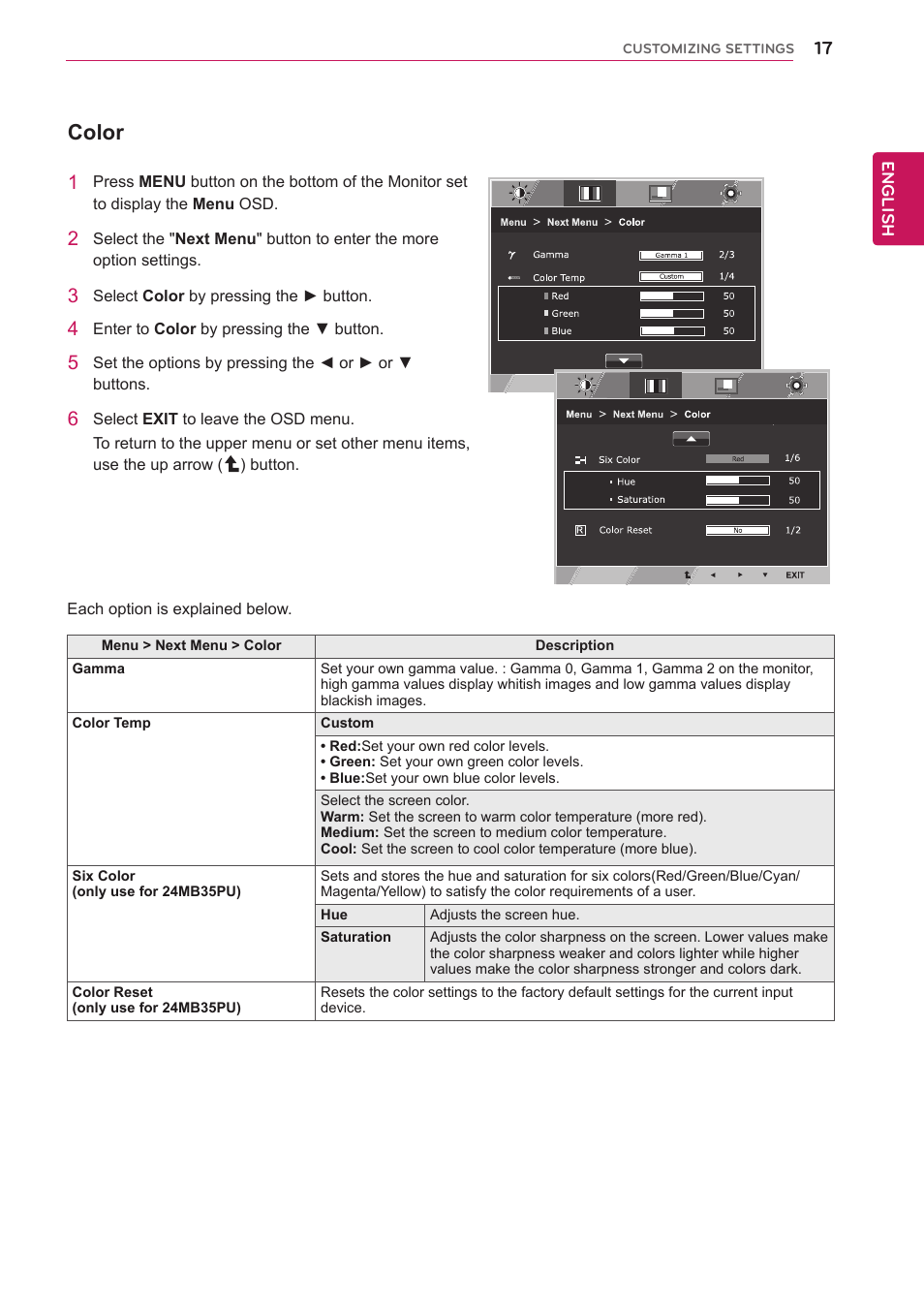 Color | LG 24MB35PU-B User Manual | Page 17 / 28