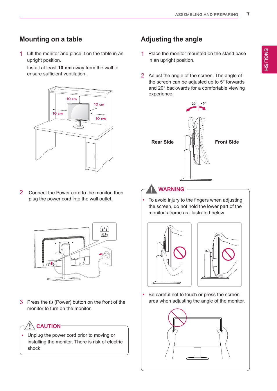 Mounting on a table, Adjusting the angle | LG 24MB35PU-B User Manual | Page 7 / 28