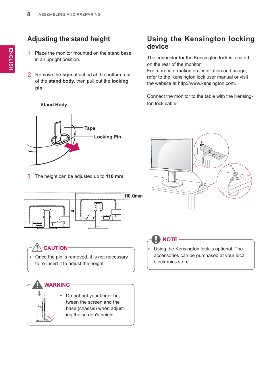 Adjusting the stand height, Using the kensington locking device | LG 24MB35PU-B User Manual | Page 8 / 28