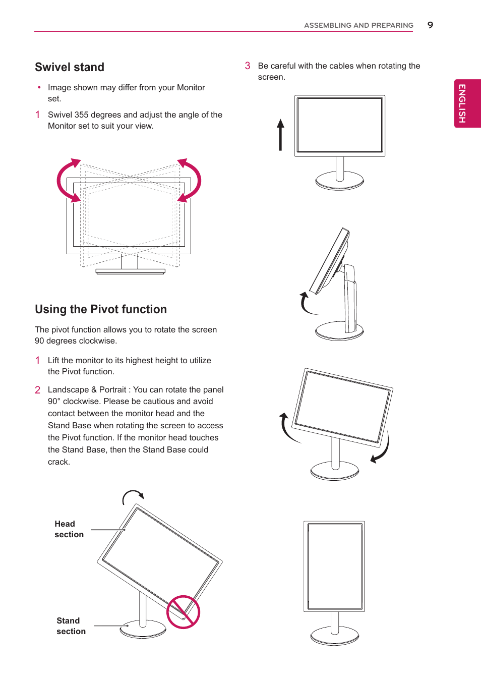 Swivel stand, Using the pivot function | LG 24MB35PU-B User Manual | Page 9 / 28