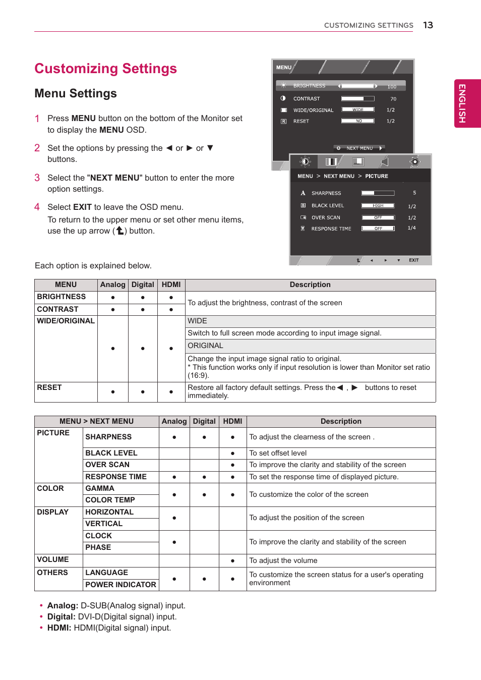 Customizing settings, Menu settings, 13 customizing settings 13 | LG 27EC33V-B User Manual | Page 14 / 29