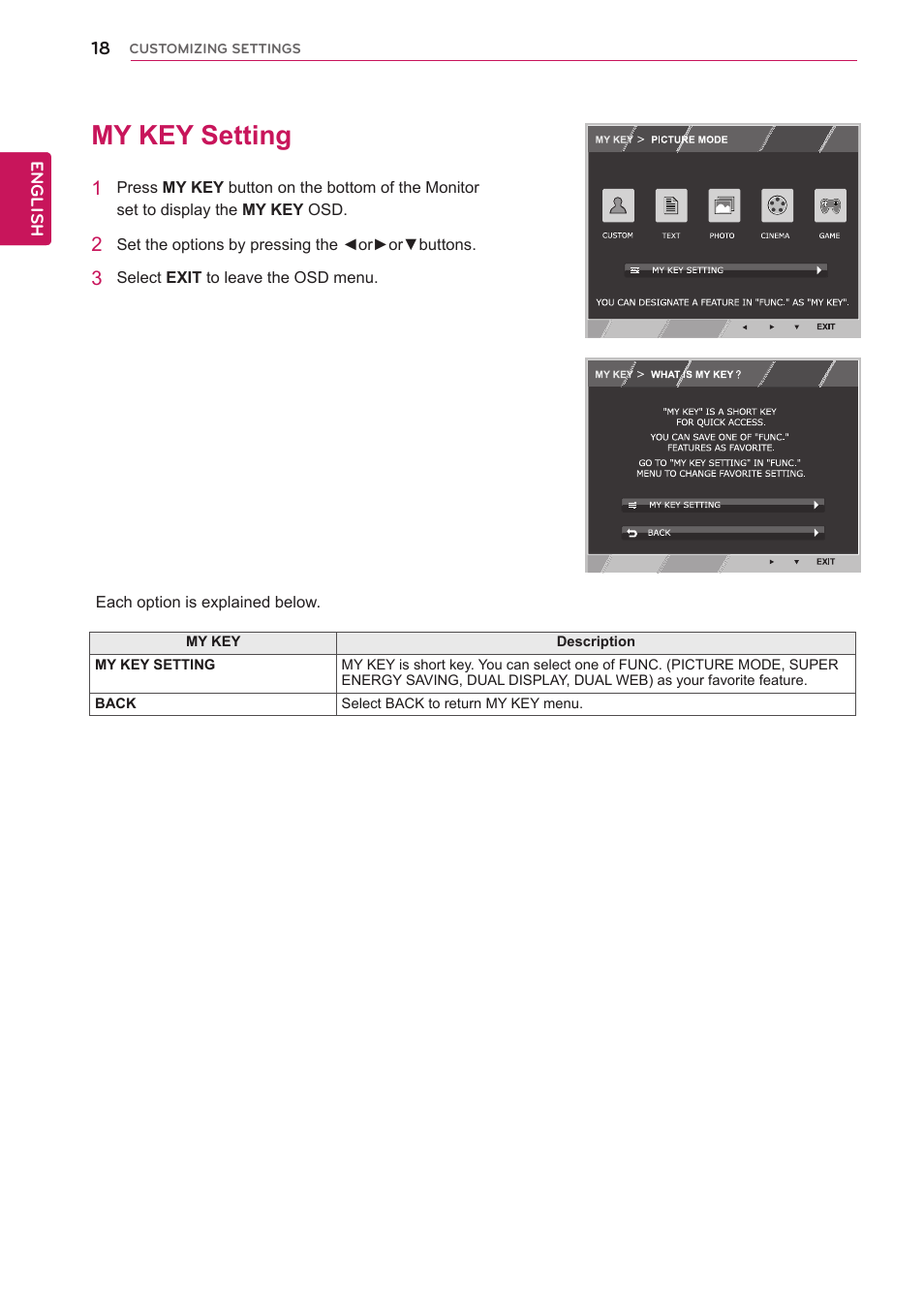 My key setting, 18 my key setting | LG 27EC33V-B User Manual | Page 19 / 29