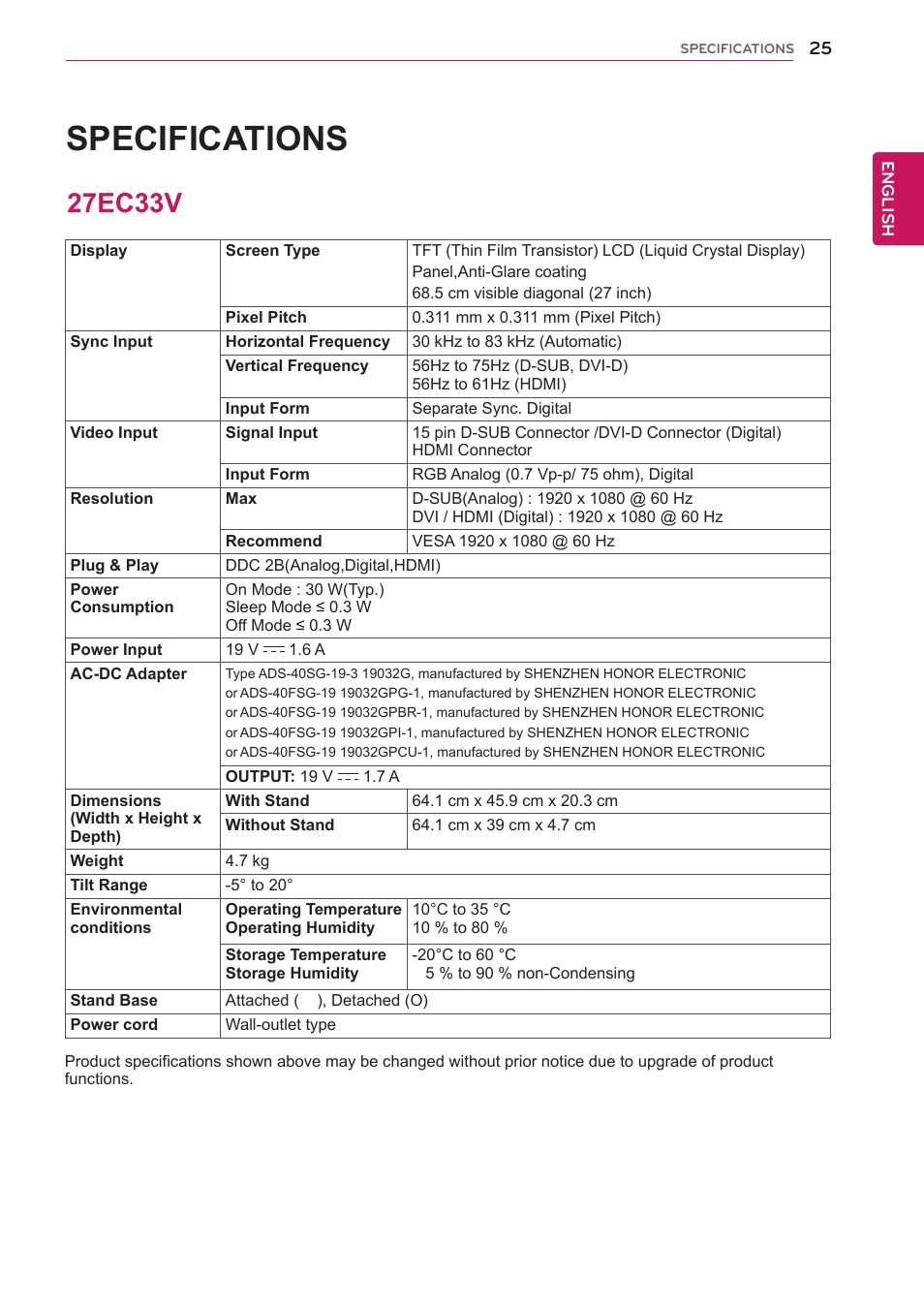 Specifications, 27ec33v, 25 27ec33v | LG 27EC33V-B User Manual | Page 26 / 29