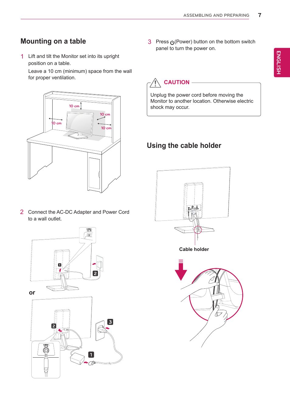 Mounting on a table, Using the cable holder | LG 27EC33V-B User Manual | Page 8 / 29