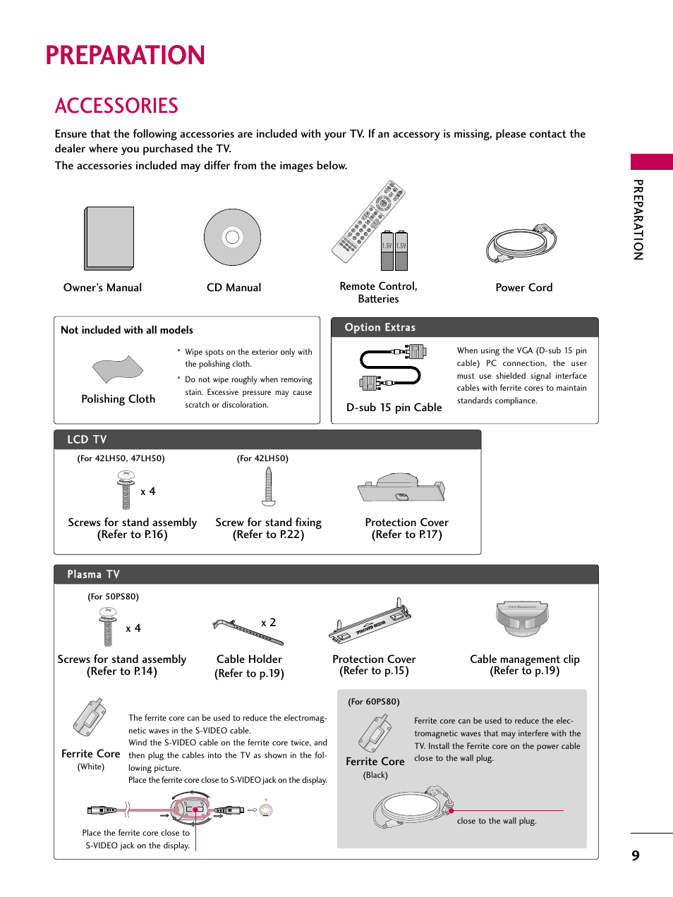 Preparation, Accessories, Prep ar at ion | Cd manual o op pttiio onn eexxttrraass, Ferrite core, Pa g e, Ener gy sa ving | LG 50PS80 User Manual | Page 10 / 195