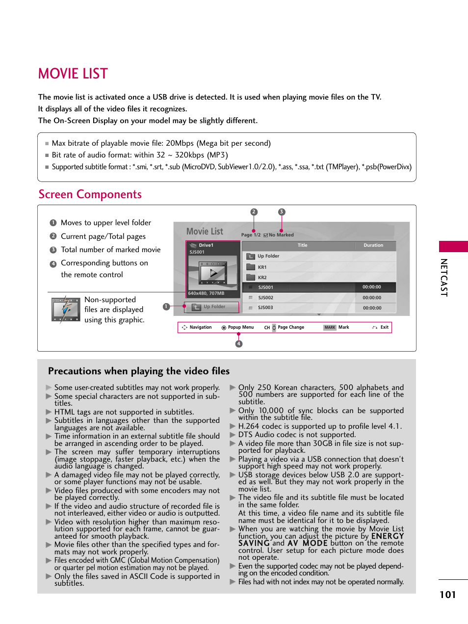 Movie list, Screen components, Precautions when playing the video files | Netcas t | LG 50PS80 User Manual | Page 102 / 195