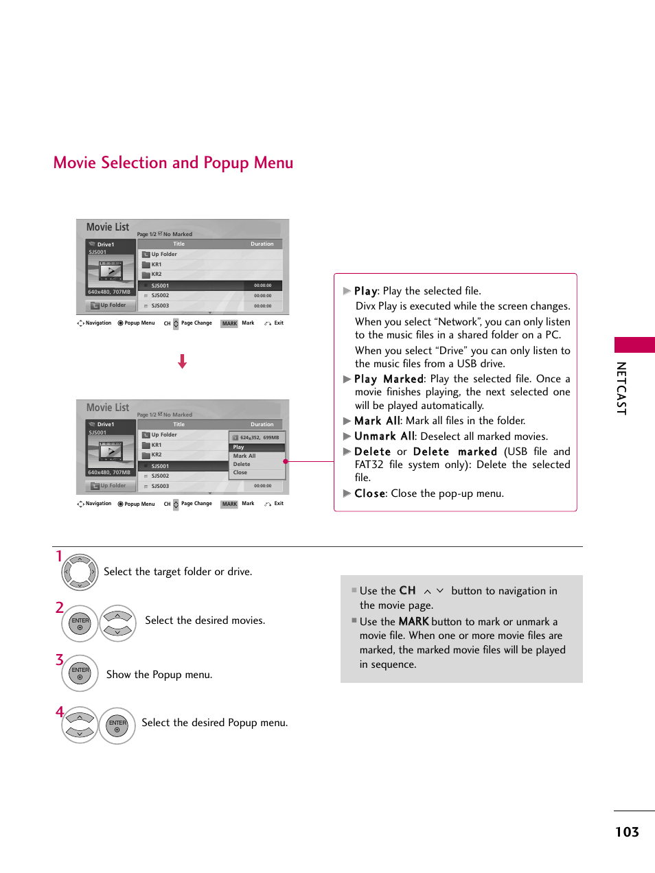Movie selection and popup menu, Netcas t, Movie list | Ccllo ossee: close the pop-up menu | LG 50PS80 User Manual | Page 104 / 195