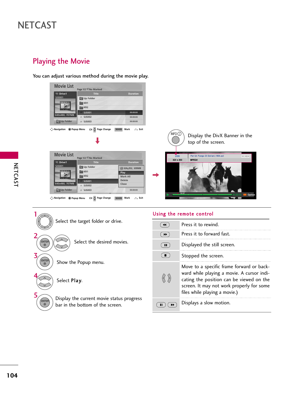 Playing the movie, Netcast, Netcas t | Movie list | LG 50PS80 User Manual | Page 105 / 195