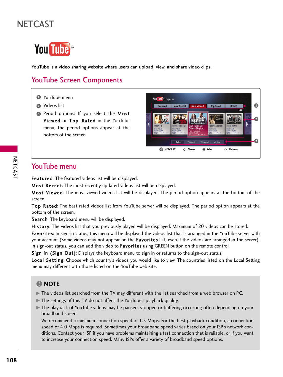 Youtube, Youtube screen components, Youtube menu | Netcast, Youtube screen components youtube menu, Netcas t | LG 50PS80 User Manual | Page 109 / 195