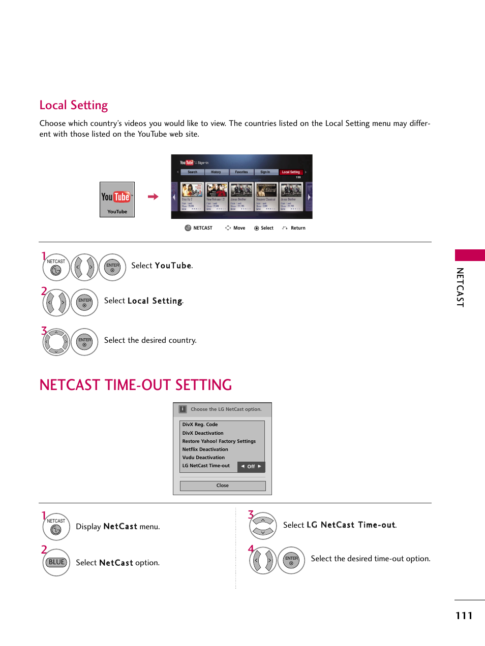 Local setting, Netcast time-out setting, Netcas t | LG 50PS80 User Manual | Page 112 / 195