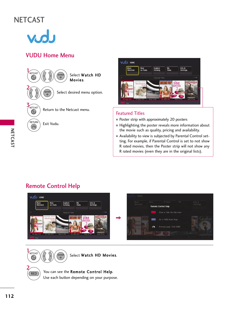 Vudu, Vudu home menu, Remote control help | Netcast, Vudu home menu remote control help, Featured titles | LG 50PS80 User Manual | Page 113 / 195