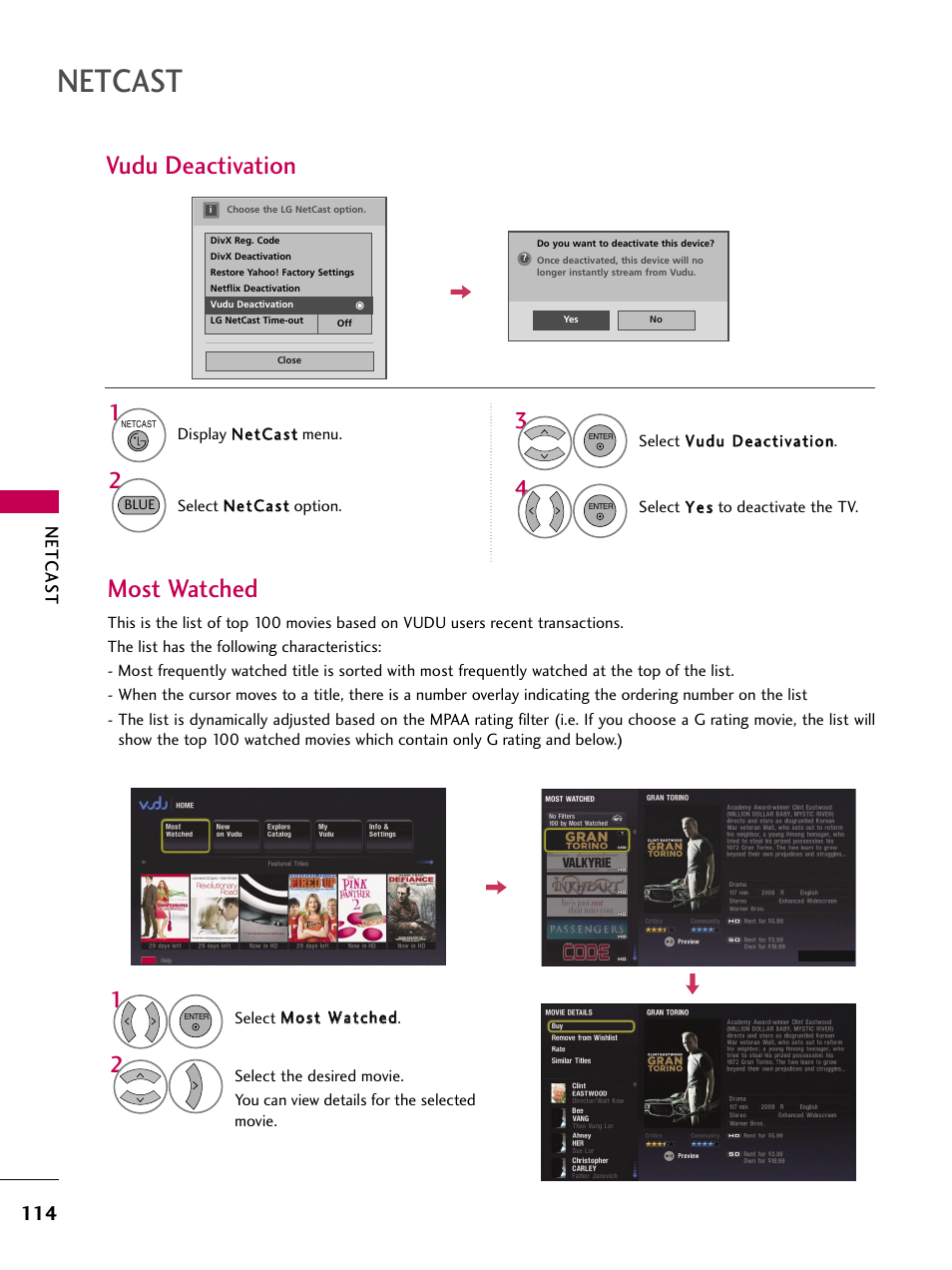 Vudu deactivation, Most watched, Netcast | Netcas t | LG 50PS80 User Manual | Page 115 / 195