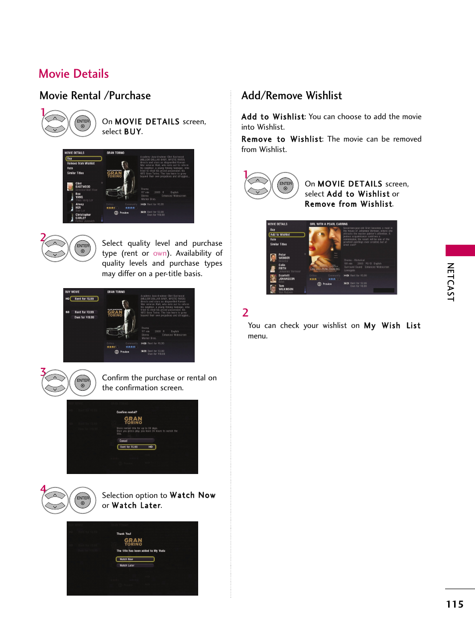 Movie details, Movie rental /purchase add/remove wishlist | LG 50PS80 User Manual | Page 116 / 195