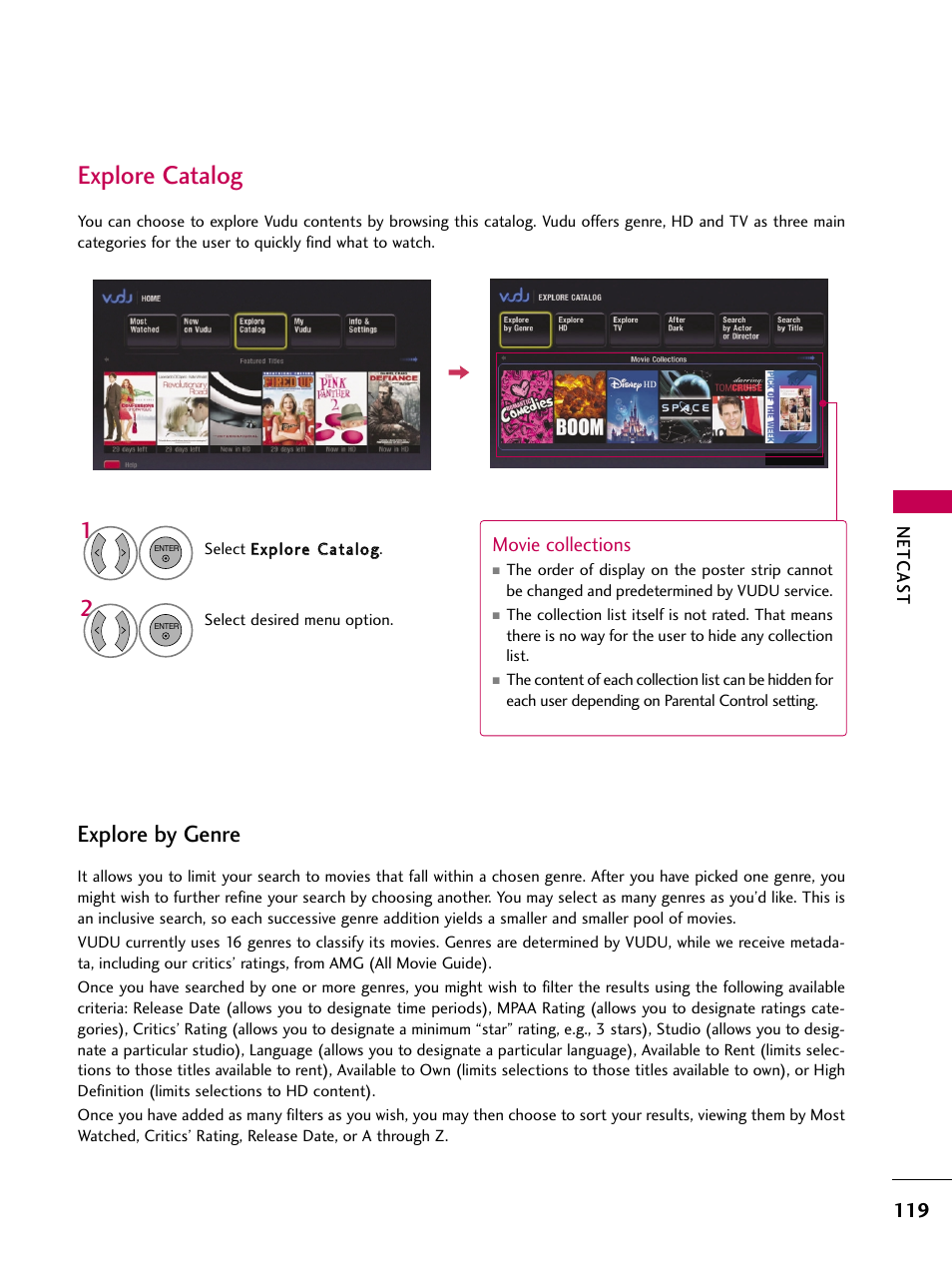 Explore catalog, Explore by genre, Movie collections | LG 50PS80 User Manual | Page 120 / 195