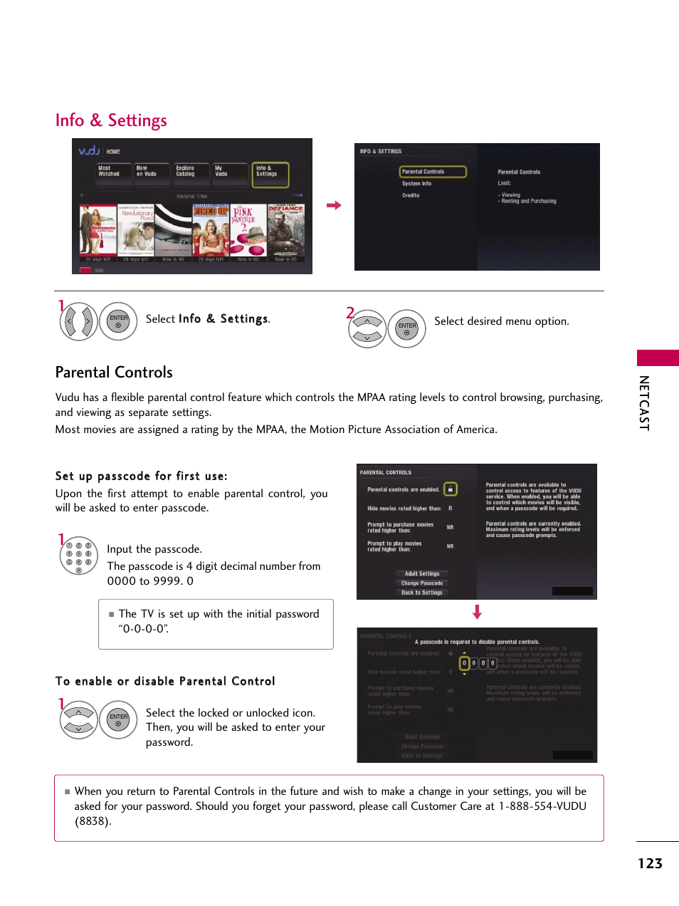 Info & settings, Parental controls, Netcas t | LG 50PS80 User Manual | Page 124 / 195